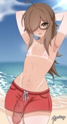 1boy 1femboy armpit armpits background beach brown_eyes brown_hair femboy glasses hair_covering_eye hands_behind_head huge_cock huge_penis long_hair looking_at_viewer meganethings open_mouth otoko_no_ko penis penis_out penis_outline penis_peek penis_poking_out penis_under_clothes precum shorts solo solo_female solo_focus solo_male standing tan_lines tanned tanned_femboy tanned_male tanned_skin veiny_penis wide_hips yume_(meganethings)