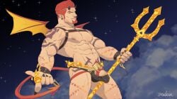 1boy abs absurdres arm_tattoo artist_name aru_(arudesu) bara bulge chains cloud cloudy_sky cock_ring demon demon_horns demon_tail feet feet_out_of_frame fingernails fire full-body_tattoo girthy_penis gyee highres holding holding_weapon horns large_penis leather leather_strap leather_underwear looking_at_viewer male male_focus male_underwear manly mature_male muscular muscular_male night nipples orange_eyes original pectorals penis penis_base polearm pubic_hair red_hair runes sam_(red_gart) sex_toy short_hair signature sky solo spiked_hair star_(sky) starry_sky tail tattoo trident underwear weapon wings wristband