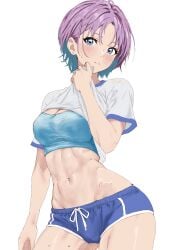 abs asakura_toru bare_arms bare_belly bare_legs bare_thighs belly_button blue_buruma blue_eyes blue_sports_bra blush breasts buruma cameltoe cleavage earrings gradient_hair groin idolmaster idolmaster_shiny_colors medium_breasts multicolored_hair parted_lips purple_hair shimerike_yakisoba shirt shirt_lift short_hair short_sleeves sports_bra sweat sweaty_body thighs toned_female white_shirt wiping_sweat