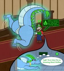 !? 1boy 1girls anus ass big_butt blue_body cleaning_tool clothing crossover danny_phantom detailed_background dialogue door dragon duo eastern_and_western_character english_text exclamation_point facial_hair female feral genitals ghost green_clothing green_hat green_headwear hallway hat headgear headwear hi_res inside luigi luigi's_mansion male mammal mansion mario_(series) membrane_(anatomy) membranous_wings moustache mythological_creature mythological_scalie mythology nickelodeon nintendo offscreen_character overalls poltergust_3000 princess_dorathea pussy question_mark red_carpet red_eyes reptile scalie sharkinwaves spirit stuck tail_anus text thought_bubble vacuum_cleaner vulva wings