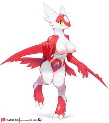 anthro anthrofied avian breasts claws dragon ds_h0rn female generation_3_pokemon glistening glistening_body latias legendary_pokemon medium_breasts multicolored_body mythological_creature mythological_scalie mythology nintendo nipples on_one_leg patreon patreon_logo pink_nipples pokemon pokemon_(species) pokemorph red_body scalie simple_background solo standing text toe_claws url white_background white_body wide_hips yellow_eyes