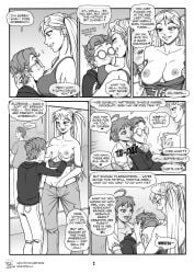 1boy 2girls ahoge big_breasts breasts breasts_out cleavage comic dark-skinned_female dark_skin english_text face_in_breasts female ffm_threesome girl_sandwich glasses hand_in_panties height_difference hug jill_(spidu) large_breasts light-skinned_female light-skinned_male light_skin male mall naughty_face nipples no_bra original_characters public_nudity sandwiched sophie_(spidu) spidu tall_female the_amazing_adventures_of_sophie_and_jill threesome twintails undressing