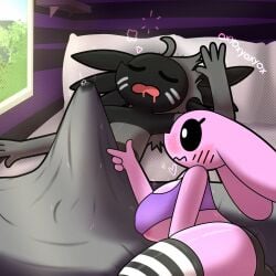 1:1 2023 4_fingers ahoge amphibian anthro areola areola_slip artist_name axolotl bed bedding big_breasts biped black_body black_sclera blanket blush blush_lines bodily_fluids breasts closed_eyes clothed clothing digital_drawing_(artwork) digital_media_(artwork) duo erection eyelashes female fingers front_view furniture genital_fluids grey_hair hair heart_symbol hi_res inside lagomorph legwear leporid licorice_(oxyoxyoxyox) lying male mammal marine markings marshmallow_(oxyoxyoxyox) mole_salamander monotone_body morning_wood on_back on_bed on_side open_mouth oxyoxyoxyox pillow pink_body precum rabbit salamander sleeping striped_markings stripes text topwear under_boob white_eyes window