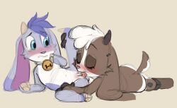 2024 2girls ambiguous_gender anthro anthro_on_anthro bell belle_(billie_bust_up) billie_(billie_bust_up) billie_bust_up blue_eyes blush bovid bovine brown_fur digital_drawing_(artwork) digital_media_(artwork) eyelashes female female/female female_only floppy_ears furry furry_only goat goat_horns goat_tail hi_res hooves laying_on_side licking_pussy looking_at_partner multicolored_fur purple_fur pussy small_body white_belly white_hair white_muzzle