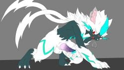 2_tails animal_genitalia animal_penis anthro balls big_maw blue_body blue_fur blush blush_lines bodily_fluids claws felid feline feline_genitalia feline_penis fur generation_7_pokemon genitals kerrel_(zeraora) legendary_pokemon male mammal multi_tail mxsb_(artist) nintendo penis pokemon pokemon_(species) red_eyes saliva sigh solo spiked_penis spikes spikes_(anatomy) tail white_body white_fur worried zeraora