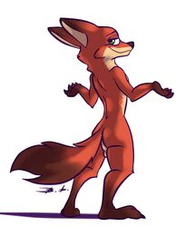 anthro ass backsack balls bassy_wolfeh bassywolfeh black_nose canid canine disney fox fur green_eyes looking_at_viewer looking_back male male_only mammal multicolored_fur nick_wilde nude orange_fur paws simple_background smile solo standing tan_fur two_tone_fur white_background zootopia