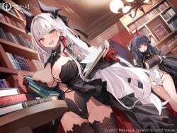 2girls admiral_zenker_(azur_lane) alvitr_(azur_lane) azur_lane between_breasts black_bow black_dress black_hair black_horns black_leotard black_thighhighs blunt_bangs blush book book_stack bookshelf breasts cg cleavage clothing_cutout copyright_name demon_horns dress groin hair_ribbon highleg highleg_leotard holding holding_book horns huge_breasts indoors large_breasts leotard library long_hair long_sleeves looking_at_viewer multicolored_hair multiple_girls navel necktie official_alternate_costume official_art open_book open_mouth red_eyes red_hair smile standing streaked_hair table thighhighs thighs very_long_hair white_hair white_leotard