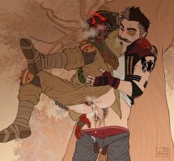 1boy 1other anal_sex apex_legends arm_around_shoulders bloodhound_(apex_legends) clothed clothed_sex electronic_arts eyepatch full_nelson fuse_(apex_legends) glowing_eyes male mask masked moustache nonbinary nonbinary_(lore) outdoor_sex outdoors pussy_peek respawn_entertainment scar_across_eye scars scars_on_face sinbent0 subtle_pussy tattooed_arm tattoos touching_thigh tree tree_trunk yaoi