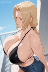 1girls ai_generated balcony bangs big_breasts bikini bikini_top blonde_hair blunt_bangs bob_cut breast_focus breasts breasts_bigger_than_head brown_eyes chorizai cleavage cleavage_overflow eyelashes female female_focus female_only huge_breasts kunoichi large_breasts light-skinned_female light_skin massive_breasts naruto naruto_(series) naruto_shippuden ninja sfw shiny_skin short_hair shorts sky solo_focus tsunade tsunade_(naruto) tsunade_senju