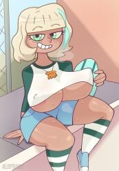 1girls alternate_version_available aqua_eyes big_breasts blonde_hair dark-skinned_female dark_skin disney disney_channel erect_nipples_under_clothes female female_focus female_only freckles freckles_on_face huge_breasts jackie_lynn_thomas looking_at_viewer nipple_bulge no_bra shirt sitting skateboard sleepynaut smile smiling smiling_at_viewer star_vs_the_forces_of_evil thick_thighs underboob voluptuous voluptuous_female wide_hips