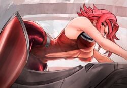 1girls armpits bare_shoulders bent_over blush bodysuit code_geass from_below from_side half-closed_eyes headband kallen_stadtfeld looking_at_viewer medium_breasts midriff nibba red_hair shiny_skin short_hair sweat thick_thighs wide_hips