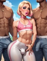 1boy 1femboy ai_generated big_ass bimbo bimbo_body bimbo_femboy bimbo_lip bimbo_lips blonde_femboy blonde_hair bulge bulge_grab bulge_through_clothing bulge_under_clothes dark-skinned_male dark_skin dumb fat_ass femboy femboysub flat_chest flat_chested groping groping_crotch huge_ass light_skin light_skinned_femboy muscular_male shocked shocked_expression short_hair small_penis submissive submissive_femboy white_boy