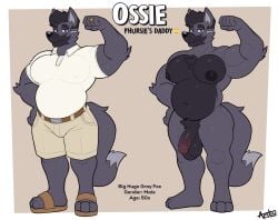absurd_res acstlu balls beard black_body black_fur blue_eyes bottomwear canid canine clothing digit_ring english_text facial_hair father_(lore) flaccid flexing fox fur genitals hi_res jewelry male mammal ossie_(acstlu) parent_(lore) penis pubes ring shorts signature text wedding_ring