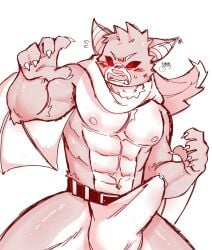 abs angry anthro bat belt black_sclera blush bottomwear clothing code_b embarrassed erection erection_under_clothing hi_res loincloth male male_only mammal muscular muscular_anthro muscular_male navel nipples pecs rainydayraize red_eyes scarf solo wings xxl_woofia