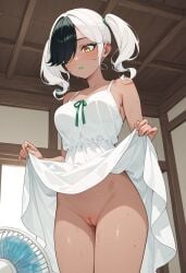 ai_generated black_hair civitai cookiasncream dark-skinned_female dark_hair dark_skin dress female green_lipstick hilda_esmíc_(character) house indoors kaybur_(series) la_gran_guerra_(series) room sundress sweat sweatdrop sweating sweaty sweaty_thighs twintails ventilator wet white_dress white_hair yellow_eyes