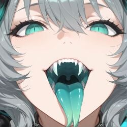 (arknights) ai_generated aqua_eyes aqua_tongue arknights fangs forked_tongue grey_hair ho'olheyak kao140522 open_mouth slit_pupils snake_tongue