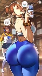 2females 2girls 2women ass ass big_ass big_booty big_butt booty brown_hair brunette_female brunette_hair brunette_hair_female capcom chun-li female female_focus female_only jerkdibuja mobile_phone spanish_text street_fighter tagme text thick_thighs thighs women