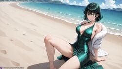 ai_art ai_generated beach black_hair breasts cleavage dress female fubuki_(one-punch_man) girl gothmaniac green_eyes green_outfit legs lying lying_on_sand mature_female medium_hair one-punch_man relaxing sea striped_bikini wallpaper woman_only