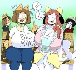 1boy 2017 3girls :3 abstract_background anthro blush bone breasts brown_hair canine crossover female furry holly_applebee jinu june_(jinu) maggie_applebee male mother original_character shiba_inu skylar_(jinu) source_request speech_bubble text voluptuous wide_hips