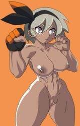 1girls abs alternate_breast_size bea_(pokemon) busty dark-skinned_female female gabviz hairband heart-shaped_pupils huge_breasts human human_only pokemon pokemon_ss vagina