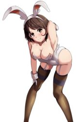 1girls arm_up armpits ass bent_over big_breasts bodysuit brown_eyes brown_hair bunny_girl bunnysuit cleavage clothed cosplay fake_ears gloria_(pokemon) hanging_breasts nico-mo nintendo pokemon pokemon_(cosplay) pokemon_ss scorbunny_(cosplay) smile thighhighs white_background wide_hips