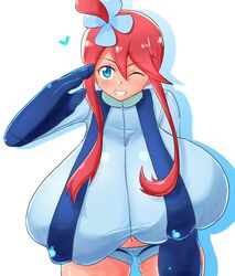 alternate_breast_size blue_eyes busty clothed cube_(huidama) female huge_breasts looking_at_viewer nipples_visible_through_clothing one_eye_closed pokemon pokemon_bw red_hair skyla_(pokemon)