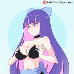 1girls animated big_breasts blush bow bra breast_squeeze breasts cleavage female female_only kilalesi large_breasts no_sound panty_&_stocking_with_garterbelt solo stocking_anarchy video