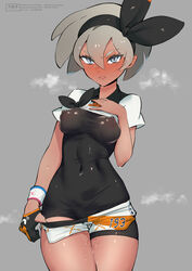 abs barefoot bea_(pokemon) black_gloves bodysuit dark_skin embarrassed female full_body gloves grey_eyes grey_hair hairband highres human human_only navel nipples partly_fingerless_gloves pokemon pokemon_ss pussy_juice ribbon sanuki_(kyoudashya) shirt short_sleeves shorts single_glove solo standing transparent_background undressing white_shirt white_shorts wristband