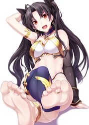 1girls :d anklet armlet armpits asymmetrical_legwear asymmetrical_sleeves bare_shoulders barefoot black_hair breasts choker collarbone crossed_legs earrings fate/grand_order fate_(series) feet female female_only foreshortening hair_ornament hair_ribbon hand_behind_head highres hoop_earrings ishtar_(fate) jewelry long_hair looking_at_viewer medium_breasts midriff nail_polish naturalton navel open_mouth pink_nails red_eyes ribbon single_thighhigh sitting smile soles solo stirrup_legwear thighhighs toe_ring toeless_legwear toenails toes two_side_up white_background