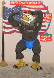 2019 3_toes 5_fingers accipitrid accipitriform american_flag anthro armpit_hair avian bald_eagle beak big_bulge bird bulge claws clothing eagle english_text eyebrows feathers fingers flag flexing footwear hat headgear headwear hi_res huge_muscles jockstrap koorivlf looking_at_viewer male male_only multicolored_feathers muscular muscular_male nipples penis_outline politics sea_eagle shoes simple_background smile solo speech_bubble standing text toes two_tone_feathers underwear