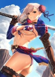 american_flag american_flag_bikini ass ass_focus big_ass big_breasts bikini blue_eyes blue_sky cloud fate/grand_order fate_(series) fingerless_gloves gloves hourglass_figure jacket large_ass large_breasts looking_at_viewer midriff miyamoto_musashi_(fate) miyamoto_musashi_(swimsuit_berserker) mugetsu2501 sky smile smiling_at_viewer stomach sword thick_ass thick_thighs thighhighs turnaround voluptuous white_hair