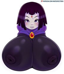 1girls big_breasts breasts bust bust_style clothing dc dc_comics female female_only hair large_breasts matospectoru nipple_bulge pale-skinned_female pale_skin purple_eyes purple_hair rachel_roth raven_(dc) solo straight_hair teen_titans