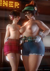 2girls 3d academy_d.va alternate_costume areolae autodesk_maya breast_size_difference breasts d.va female female_only glasses honeydew_mei looking_at_viewer mei_(overwatch) nipples overwatch thick_thighs topless vgerotica