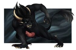 2019 3:2 anthro balls bodily_fluids charr claws cum erection felid fur genital_fluids guild_wars hi_res horn looking_at_viewer male male_only mammal multi_ear nitrods nude penis presenting solo video_games