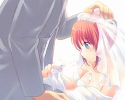 1boy 1girls asymmetrical_gloves blazer blue_eyes breasts bridal_veil bride brown_hair cleavage cock_marriage collarbone dress elbow_gloves facial female ginkamiaki gintama gintoki_sakata gloves groom hand_on_another's_head handjob jacket kagura_(gintama) long_sleeves off-shoulder_dress off_shoulder penis short_hair single_glove small_breasts veil wedding_dress white_dress white_gloves