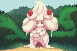 1girls 2019 3:2 alcremie anthro anthrofied breasts clothing clothing_lift cream dress dress_lift erect_nipples female food food_creature food_humanoid forest fruit gela-g-i-s-gela goo_creature goo_humanoid hi_res humanoid looking_aside mawhip nintendo nipple_outline nipples non-mammal_breasts outside plant pokémon_(species) pokemon pokemon_ss presenting presenting_pussy pussy red_eyes shortstack slime solo strawberry tree vagina video_games whipped_cream