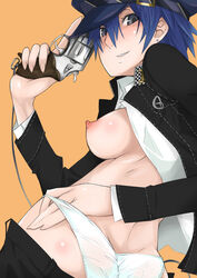 1girls blue_hair breasts cabbie_hat clothing crossdressing female firearm furo_q ghost-q gun handgun hat headgear headwear human medium_breasts megami_tensei nipples outerwear pale_skin panties persona persona_4 revolver shirogane_naoto short_hair solo tomboy underwear weapon