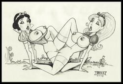 2008 2girls alice_(disney) alice_in_wonderland alice_in_wonderland_(1951_film) alice_liddell crossover disney disney_princess female hourglass_figure monochrome multiple_girls nipples pussy snow_white_(disney) snow_white_and_the_seven_dwarfs straight_hair tribadism yuri zeus(artist)