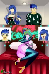 1boy 2girls ass bed big_breasts bimbo bra breasts christmas christmas_outfit christmas_sweater chuyryu comic commission condom condoms equestria_girls female flash_sentry friendship_is_magic hasbro hi_res high_heels highres human imminent_sex lazuli_melody_(oc) lying_on_bed male mature_female milf mother_and_son my_little_pony on_bed original_character princess_celestia_(mlp) principal_celestia stiletto_heels stockings thick_thighs thighhighs wide_hips