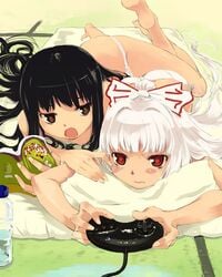 barefoot bed black_hair blush breasts brown_eyes color flat_chest fujiwara_no_mokou kaguya_houraisan kfc long_hair lying multiple_girls on_stomach open_mouth panties pillow playing_games reading red_eyes ribbon sega sega_mega_drive topless touhou underwear video_game white_hair white_panties yuu_(kfc)