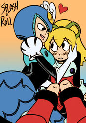 2girls blush breasts dress female female_only heart mega_man mega_man(classic) mermaid multiple_girls roll sitting splash_woman yuri