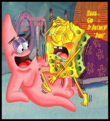 2boys anal anal_penetration anal_sex balls blush closed_eyes cowgirl_position cum_in_ass drool erection gay hand_on_head holes interspecies male male_only motion_lines mouth_open multiple_males nickelodeon nude patrick_star penis_size_difference pleasure_face riding_penis saliva sea_sponge sitting_on_penis smooth_skin spongebob_squarepants spongebob_squarepants_(character) starfish sweat sweatdrop toonophile veiny_penis yaoi