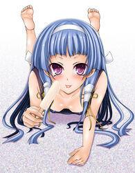 1girls barefoot blue_hair blunt_bangs clothing down_blouse erect_nipples feet female female_only hairband happy_water kannagi kizaki_yuuri long_hair lying nagi popsicle purple_eyes soles solo tongue