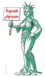 1girls crown dress dress_down green_skin hand_on_hip living_statue loose_dress nipple_bulge nipple_slip nipples_visible_through_clothing one_breast_out public_domain sign statue_of_liberty translation_request