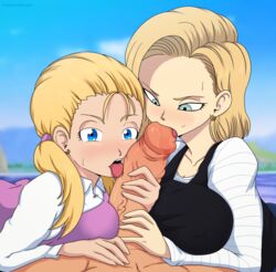 1boy 2girls android_18 blonde_hair collaborative_fellatio dragon_ball dragon_ball_gt dragon_ball_z erection fellatio female furanh goku huge_cock looking_at_penis looking_at_viewer male marron mother_and_daughter multiple_girls oral oyakodon penis penis_awe pov saiyan son_goku straight teamwork