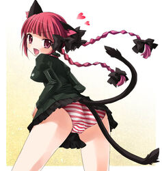 animal_ears ass bow braid cameltoe cat_ears cat_tail fangs hairbow heart jpeg_artifacts kimishima_ao kimishima_junsei long_hair looking_back panties red_eyes red_hair red_striped_panties rin_kaenbyou solo striped striped_panties tail tied_hair touhou twin_braids twintails underwear