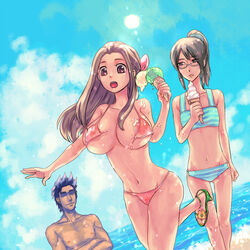 1boy 2girls :o areola_slip asahina_kikuno bare_shoulders beach bikini black_hair breasts brown_hair cloud crossed_arms food glasses high_heels holding ice_cream ice_cream_cone large_breasts loc_(pixiv) mound_of_venus multiple_girls navel nipples open_mouth ponytail ribbon ribbons sandals shoes sket_dance sky sojiro_agata striped striped_bikini striped_swimsuit sun swimsuit tied_hair torn_clothes unyuu_mimori wading wardrobe_malfunction water