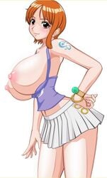 1girls breasts clothes color female female_only flying_tree_frog hair human looking_left nami nipples one_piece orange_hair pre-timeskip side_view skirt solo standing straight_hair tagme tattoo water_7