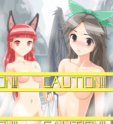 2girls alternate_hairstyle animal_ears bangs bath black_hair blunt_bangs blush breasts cat_ears censored convenient_censoring face long_hair multi_ear nude onsen red_hair ribbon ribbons rin_kaenbyou stare touhou utsuho_reiuji wings yuugiri