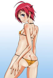 akira_souya ass ass_cleavage back bikini butt_crack dragonaut flat_chest hirokawa hirokawa_kouichirou looking_back lowleg lowleg_bikini red_hair ribs short_hair simple_background smile souya_akira string_bikini swimsuit